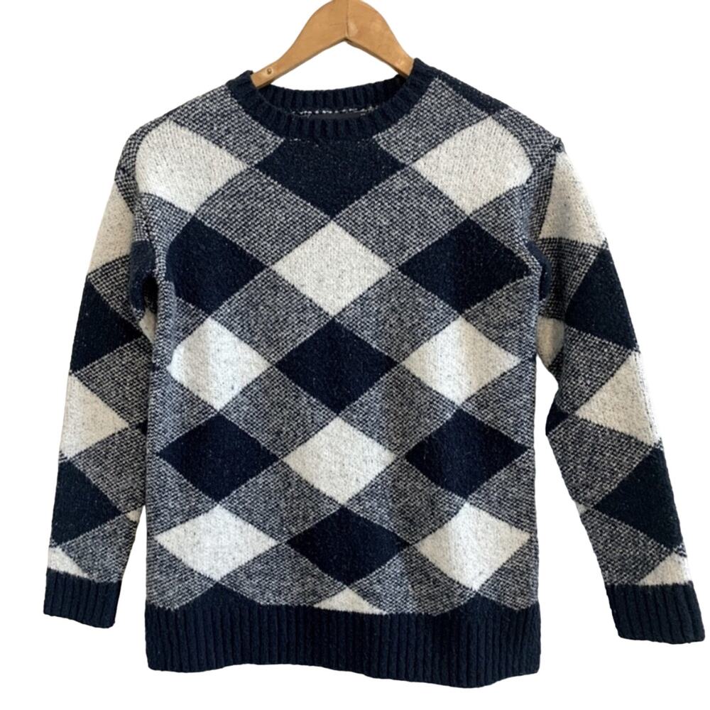 Marks & Spencer Navy Blue and Cream Argyle Plaid Crew Neck Pullover Sweater